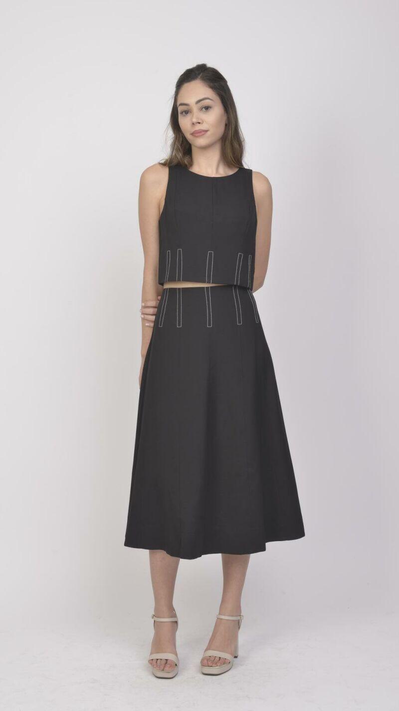 Imagem de Conjunto Catarina – Saia Longa e Cropped de Alfaiataria com Pesponto | Look Elegante em Preto